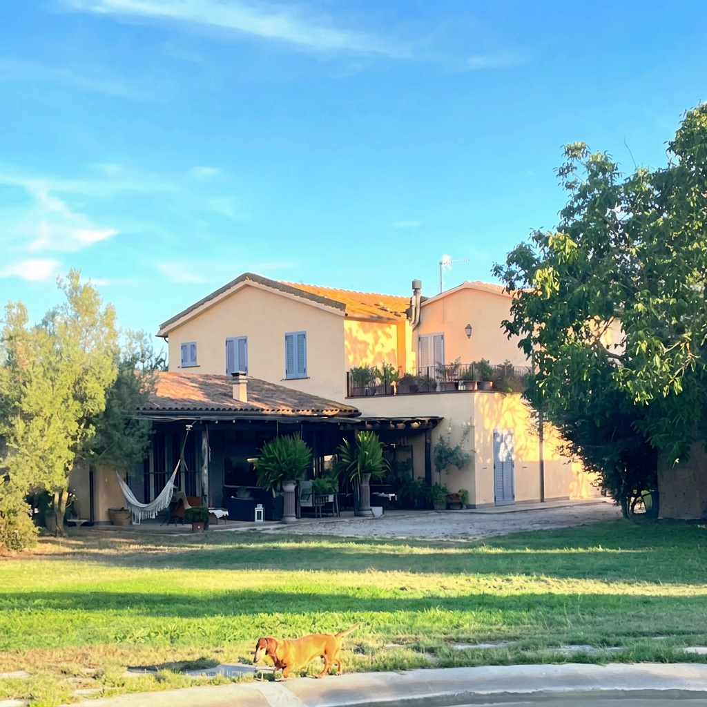 Il casale di Corinne Cléry nella Tuscia: prato verde, pergolato con amaca e il bassotto Vasco Rossi che passeggia nel giardino