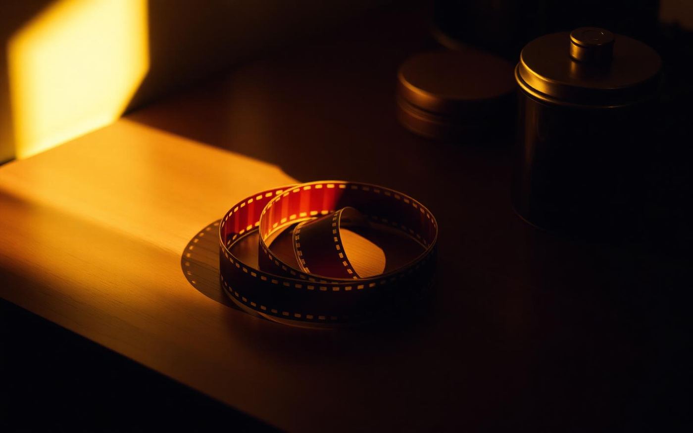 Spira di pellicola 35mm e vecchie scatole metalliche su un tavolo di legno, luce dorata
