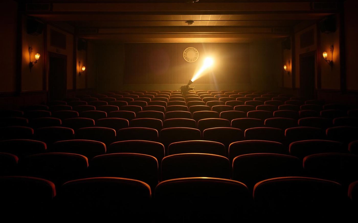 Poltrone di velluto bordeaux vuote in una vecchia sala cinema con un proiettore acceso in fondo