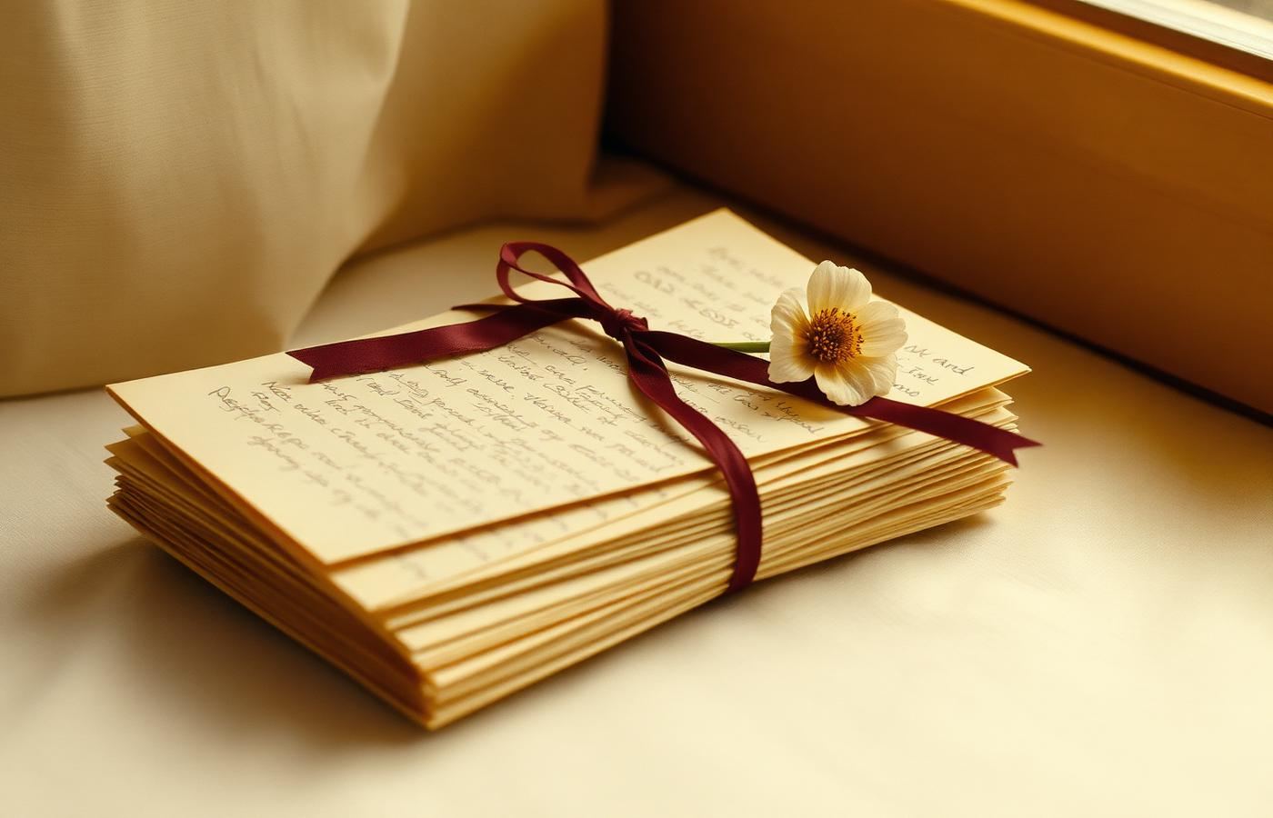 Fascio di lettere manoscritte legate con un nastro bordeaux e un fiore essiccato
