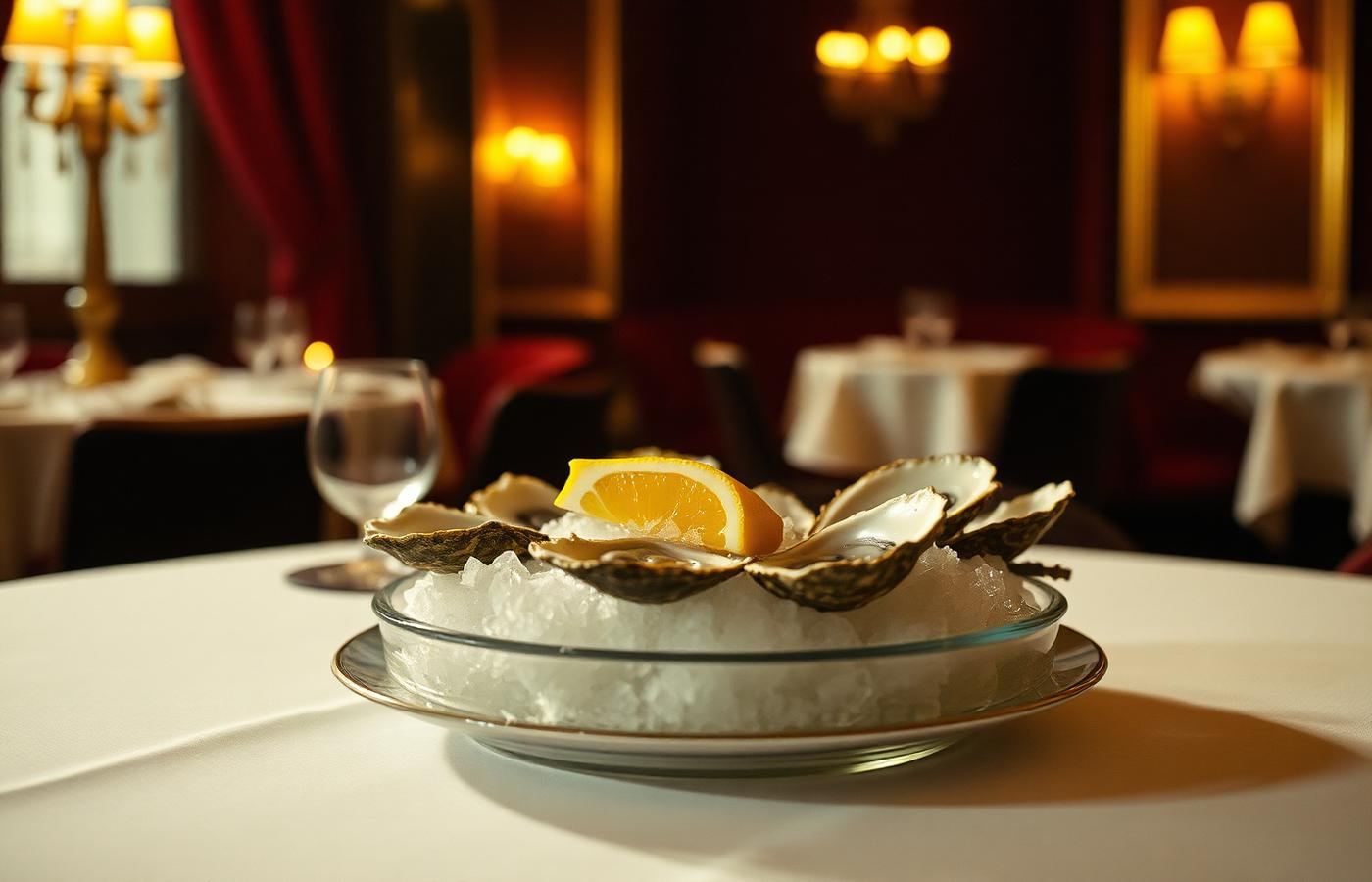 Piatto di ostriche su ghiaccio con spicchio di limone in un ristorante dalla luce calda