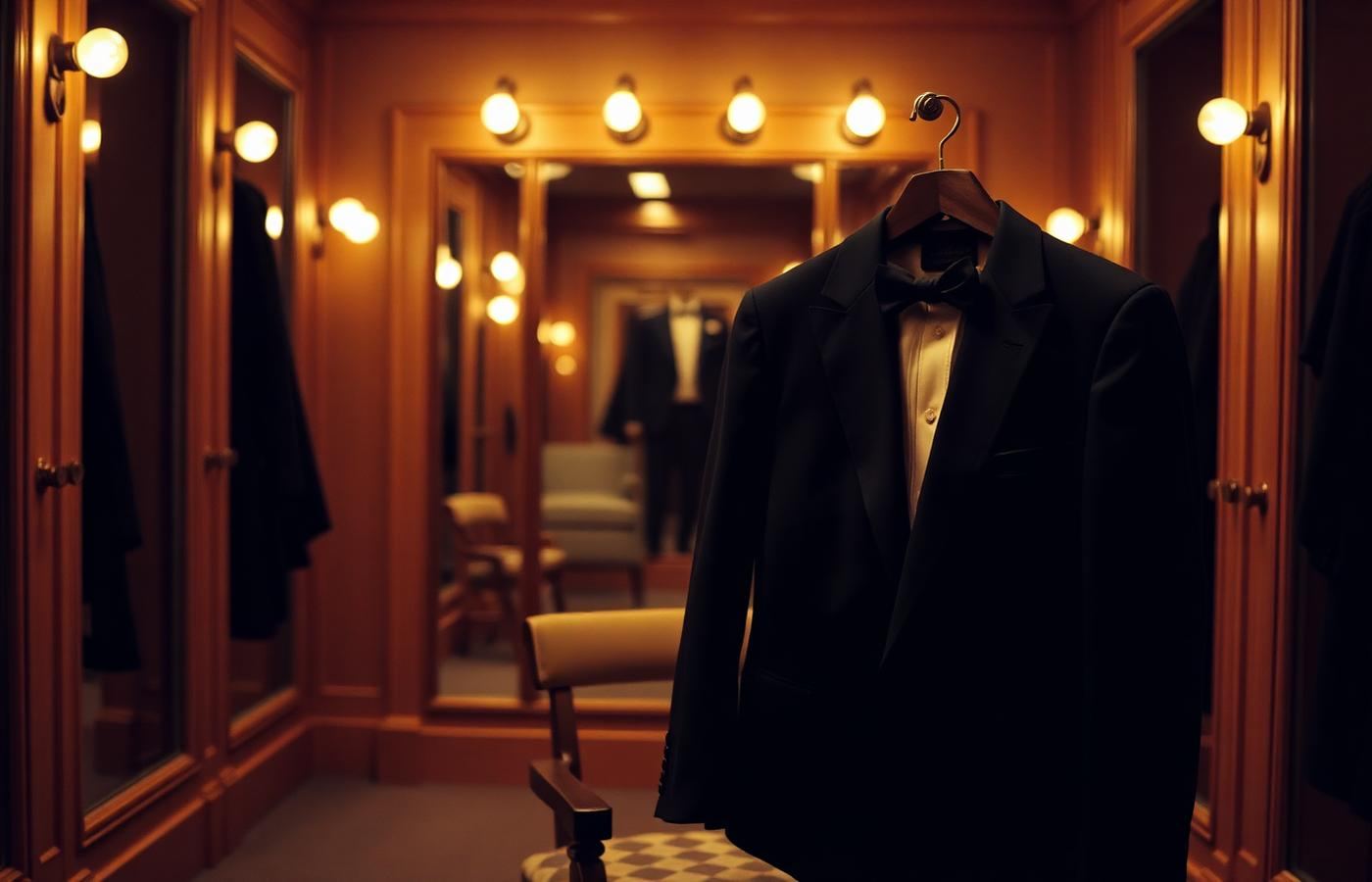 Smoking nero con papillon appeso in un camerino illuminato da lampadine calde