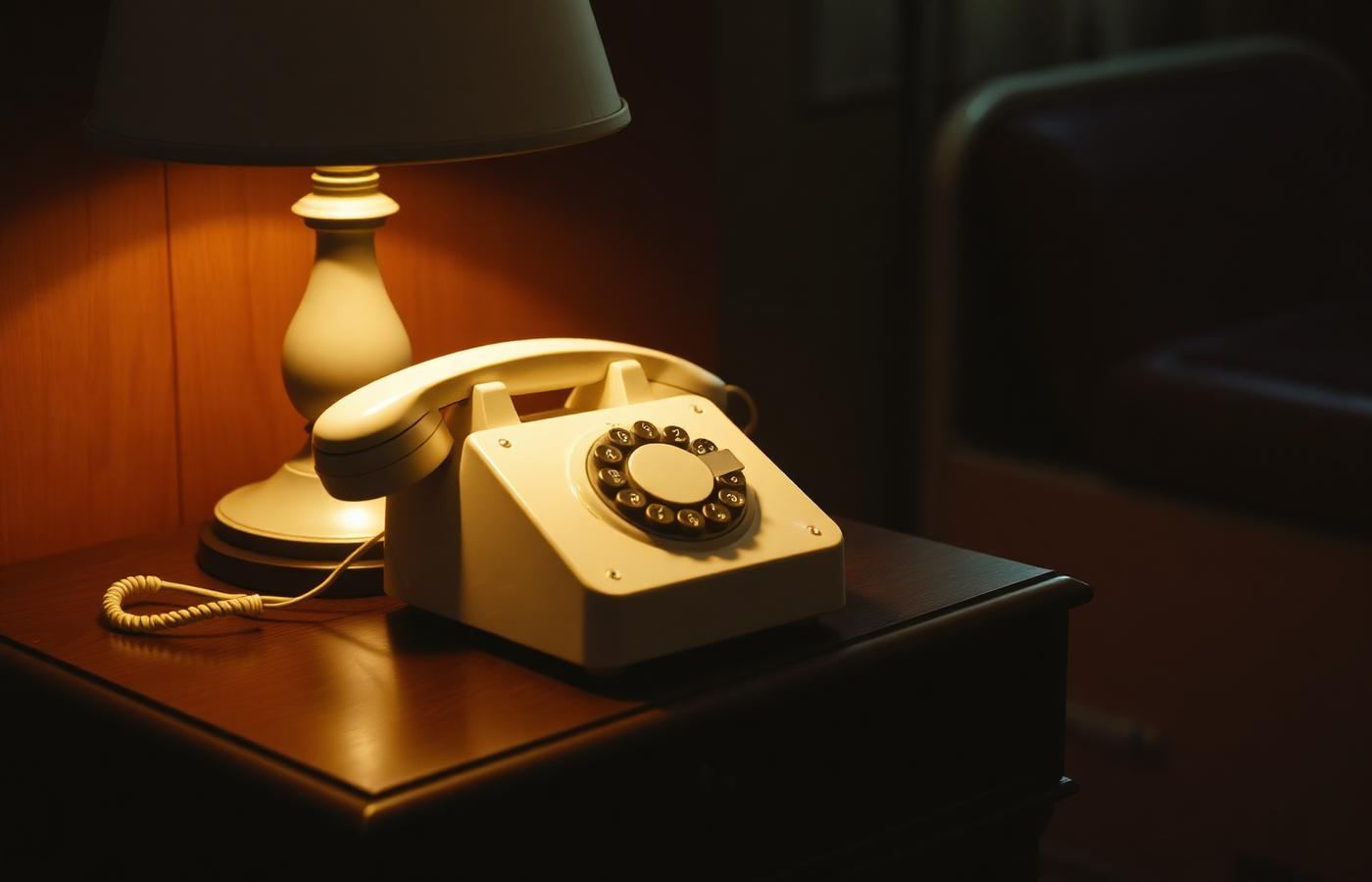 Vecchio telefono a disco bianco su un comodino, luce calda di una lampada
