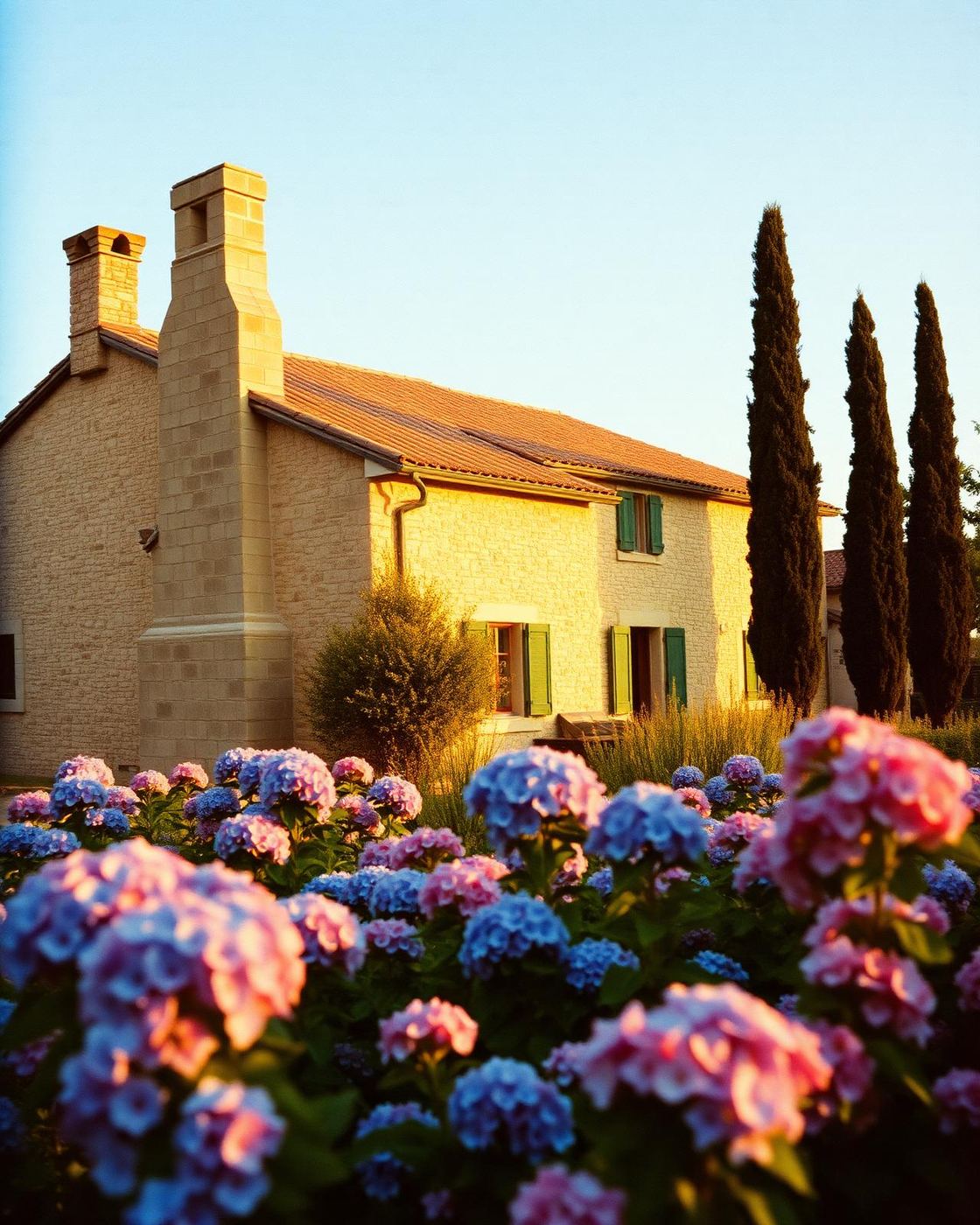 Casale in pietra della Tuscia con camino e ortensie in fiore nel giardino, luce del tramonto